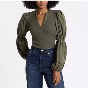 Express Green XL V-Neck Long Puff Sleeve Henley Bodysuit
